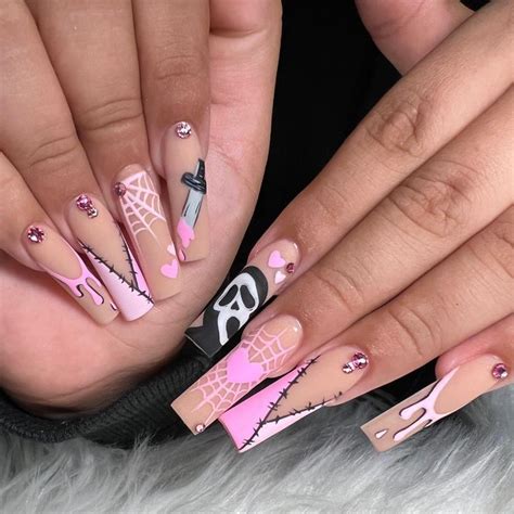 Spooky Nude Scream Nails Acrylic Nails Coffin Pink Long Square Acrylic