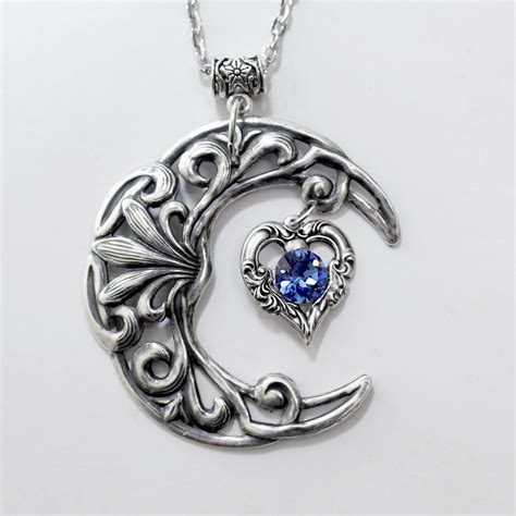 Large Vintage Sterling Silver Crescent Moon Statement Necklace With Sa