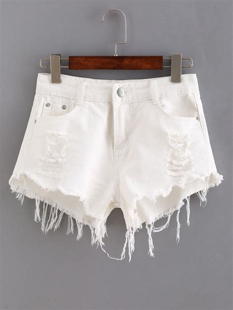 Ripped Raw Hem White Denim Shortsfor Women Romwe White Ripped Jeans