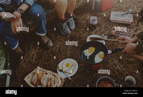 Breakfast Camping Destination Resting Friends Concept Stock Photo Alamy