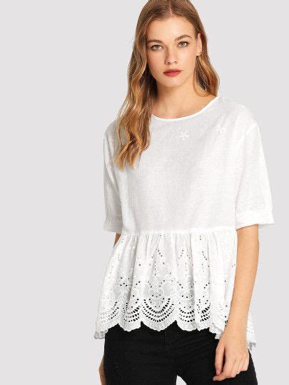 Shein Scallop Hem Eyelet Embroidered Smock Top Bluzas