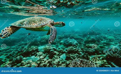 Sea Turtle Gliding Over Vibrant Coral Reef Stock Illustration