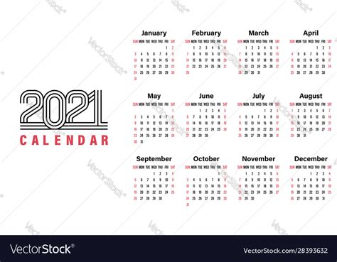 2021 Calendar Template Simple Design Royalty Free Vector