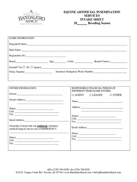 Fillable Online EQUINE ARTIFICIAL INSEMINATION SERVICES INTAKE SHEET 20