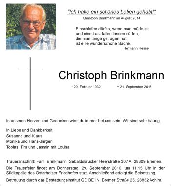 Alle Traueranzeigen F R Christoph Brinkmann Trauer Rp Online De