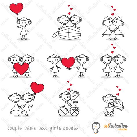 Stick Figure Same Sex Couple Girls Doodle Wedding Clipart Etsy