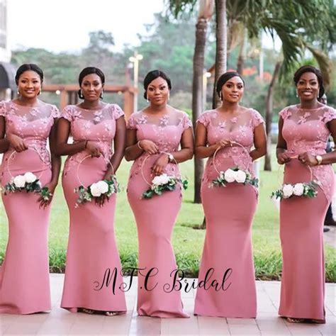 Mermaid African Bridesmaid Dresses Short Sleeve Appliques Elastic Satin