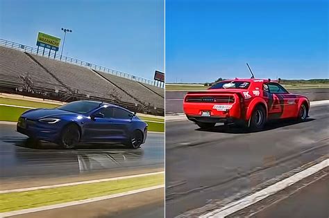 Tesla Model S Drag Racing A Tuned 1200hp Dodge Challenger Srt Demon Is