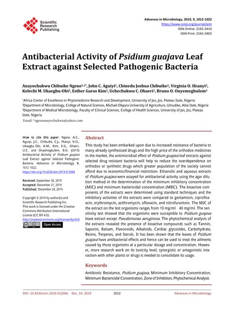 Pdf Antibacterial Activity Of Psidium Guajava Leaf Extract Against