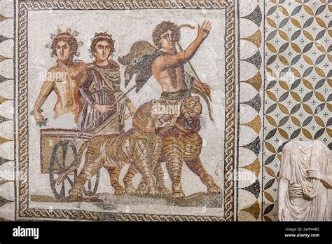 A Roman Mosaic Depicting Bacchus Ancient God Of Wine In A Triumphant