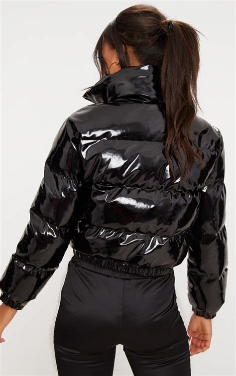 Black Cropped Vinyl Puffer Jacket Prettylittlething