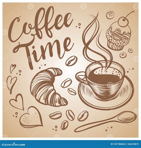 Hand Drawn Coffee Time Illustrations Vintage Vector Background Stock