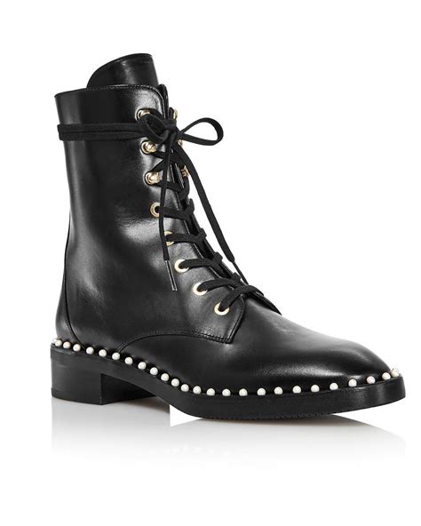 Stuart Weitzman Sondra Leather Pearls Combat And Lace Up Boots In Black