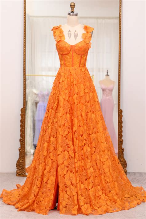 Chiclody Women Orange Prom Dress A Line Spaghetti Straps Applique