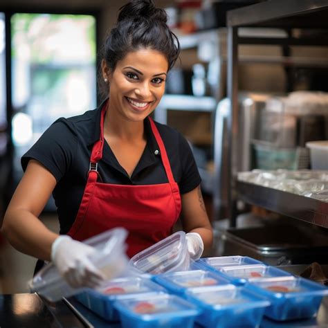 Premium Photo Smiling Woman In Red Apron