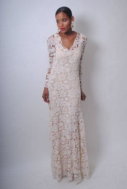 Vintage Inspired Ivory Lace Crochet Sheer Simple Wedding Maxi Dress