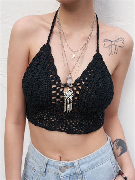 2022 Halter Crochet Knit Crop Cami Top Black S In Tank Tops Camis