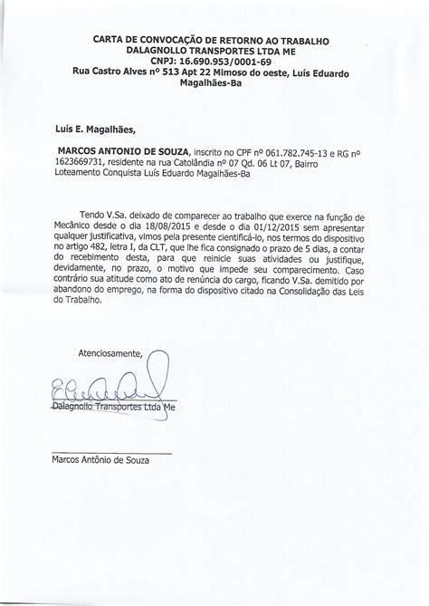 Carta De ConvocaÇÃo De Retorno Ao Trabalho