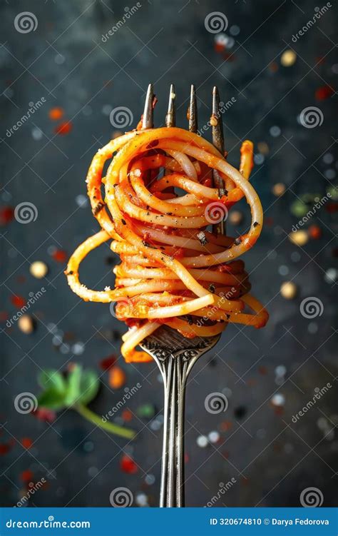 Twirling Spaghetti On Fork With Sauce Splatter Mid Air Stock Photo