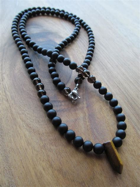 Men S Matte Black Onyx And Tiger Eye Necklace Beaded Etsy Mens