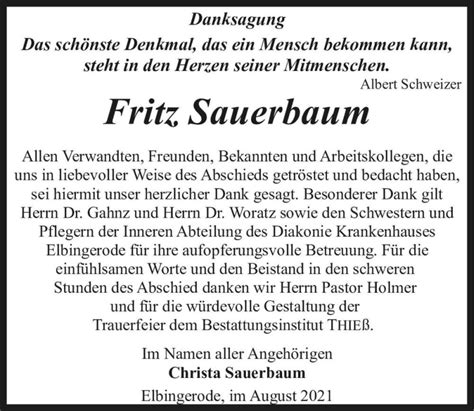 Traueranzeigen Von Fritz Sauerbaum Abschied Nehmen De