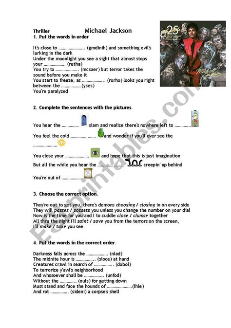 Thriller Song By Michael Jackson Esl Worksheet By Crisbs