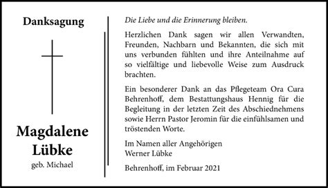 Traueranzeigen Von Magdalene L Bke Trauer Anzeigen De