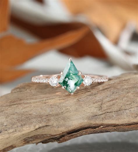 Kite Cut Moss Agate Engagement Ring Rose Gold Wedding Ring