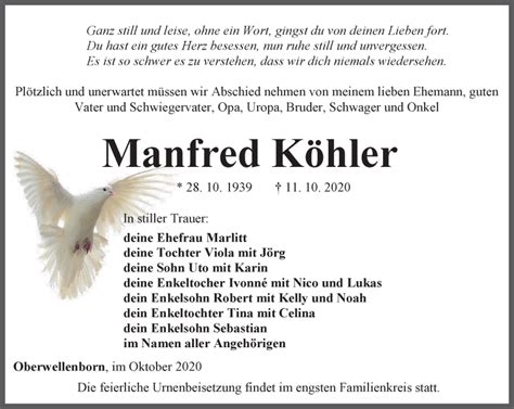 Traueranzeigen von Manfred Köhler trauer in thueringen de