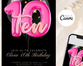 Editable Pink 10th Birthday Invitation Template Glitter Birthday Party