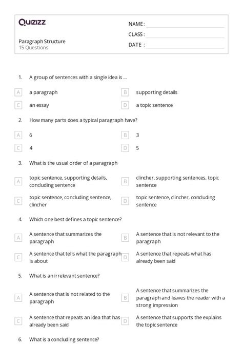 Paragraph Structure Worksheets For Th Grade On Quizizz Free