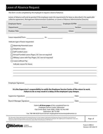 Leave Of Absence Request Form Template Free Free Printable Templates