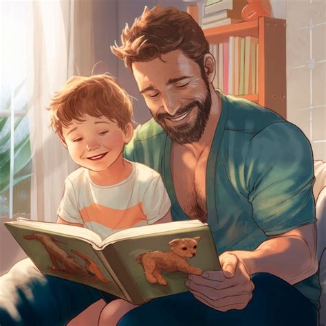 Pai e filho estão lendo um livro e sorrindo enquanto passam um tempo