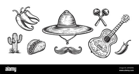 Mexican Icons Set Cinco De Mayo Sombrero Mexican Hat Guitarchilli