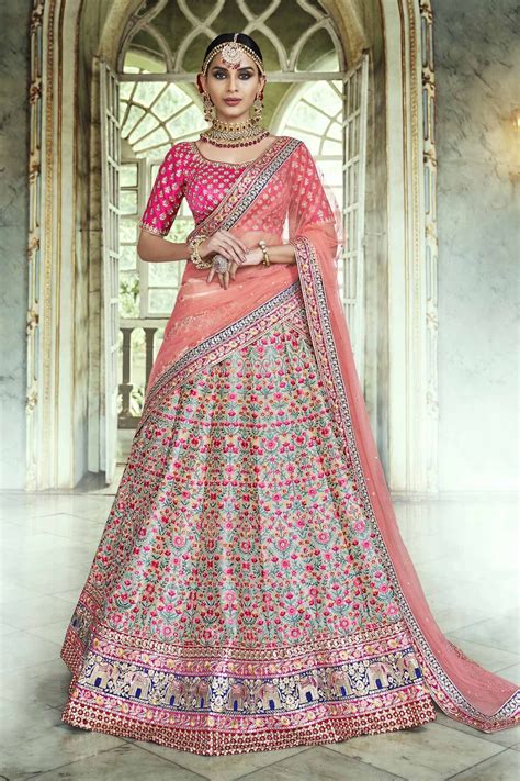 Buy Peach And Chickoo Handloom Silk Indian Wedding Lehenga In Uk Usa