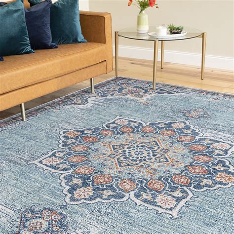 Bungalow Rose Deundre Power Loom Performance Blue Rug Wayfair