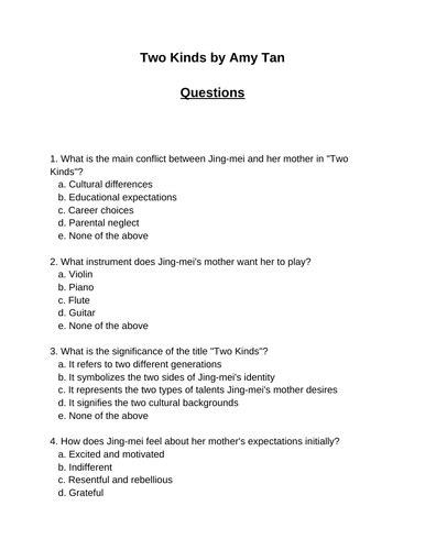 Two Kinds 30 Multiple Choice Questions Editable Teaching Resources