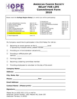 Fillable Online Relay Acsevents Commitment Form DuPage Region 2010 Pub