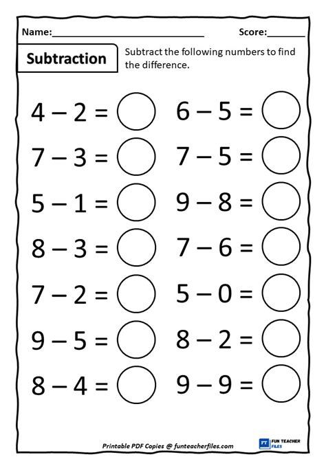 One Digit Subtraction Worksheets Set 1 Fun Teacher Files