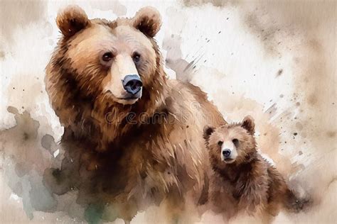 Two Bears Large And Small A Bear With A Cub Painted In Watercolor On