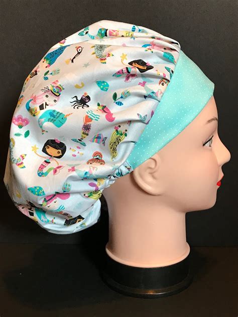 Mermaid Surgical Womens Scrub Hat Bouffant Fits Ponytail Etsy