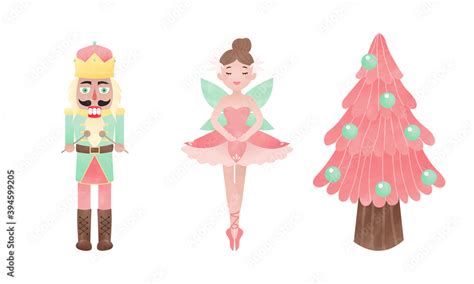 Nutcracker Ballerina And Pink Christmas Tree Fairy Tale Clip Art