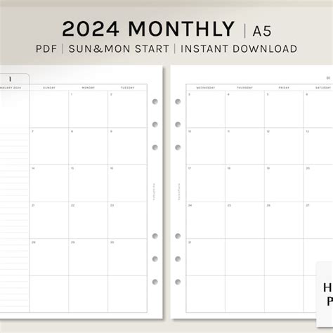 2024 Planner Monthly A5 Inserts Printable Dated 2024 Monthly Calendar