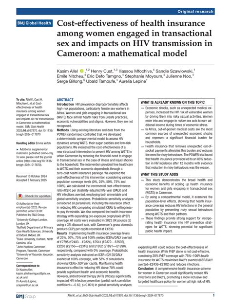PDF Cost Effectiveness Of Health Insurance Among Women Engaged In Transactional Sex And