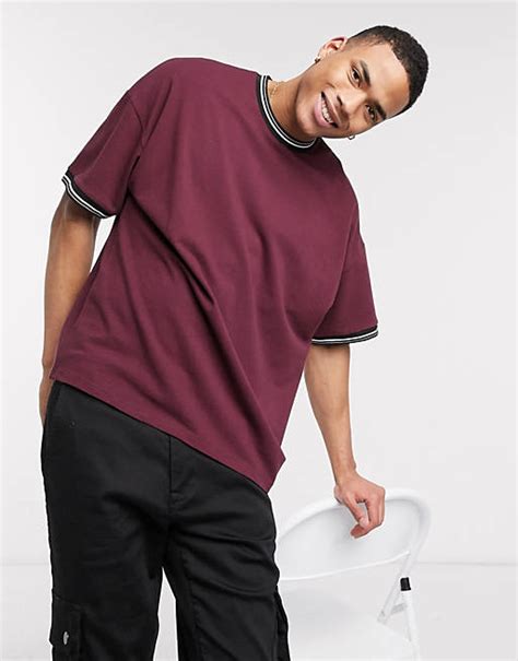 Asos Design Pique Oversized T Shirt With Contrast Tipping In Burgundy