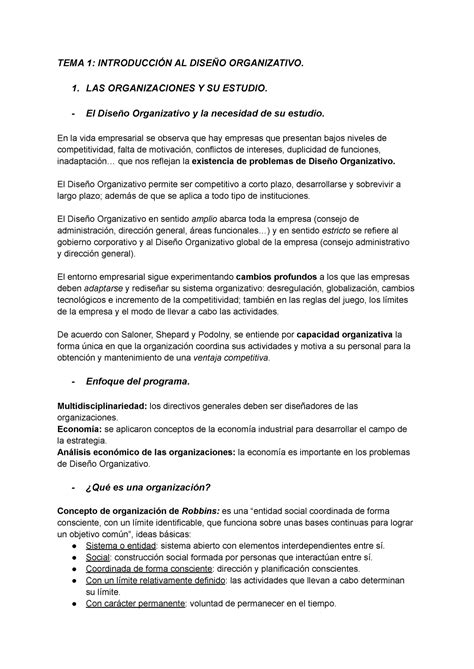 Temas Diseño Organizativo TEMA 1 INTRODUCCIÓN AL DISEÑO ORGANIZATIVO