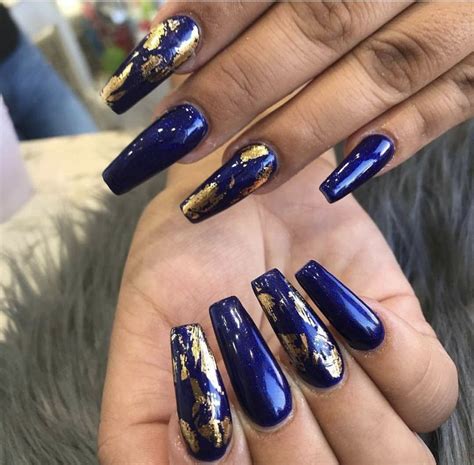 Blue💘 Gold Acrylic Nails Foil Nail Art Blue Gold Nails