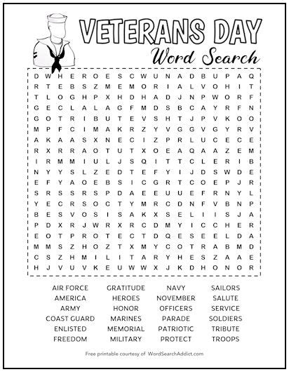 Veterans Day Printable Word Search Puzzle Word Search Addict