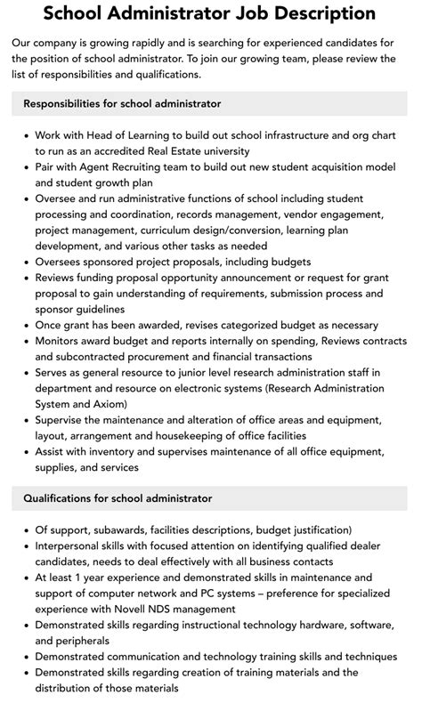 School Administrator Job Description Velvet Jobs