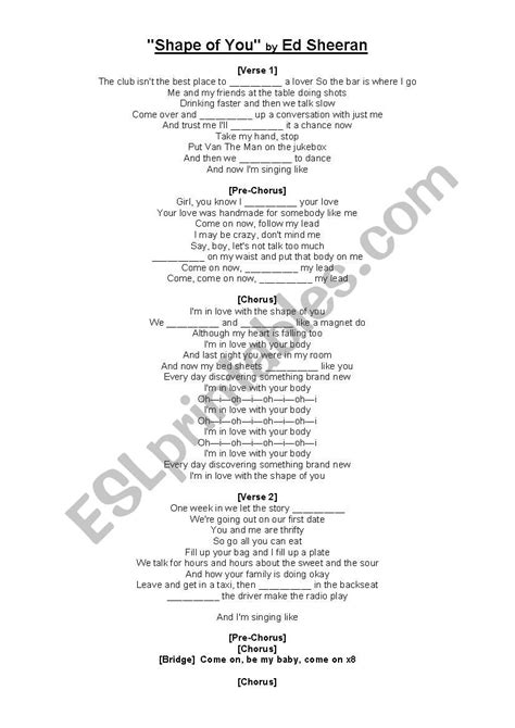 English Worksheets Shape Of You Ed Sheeran